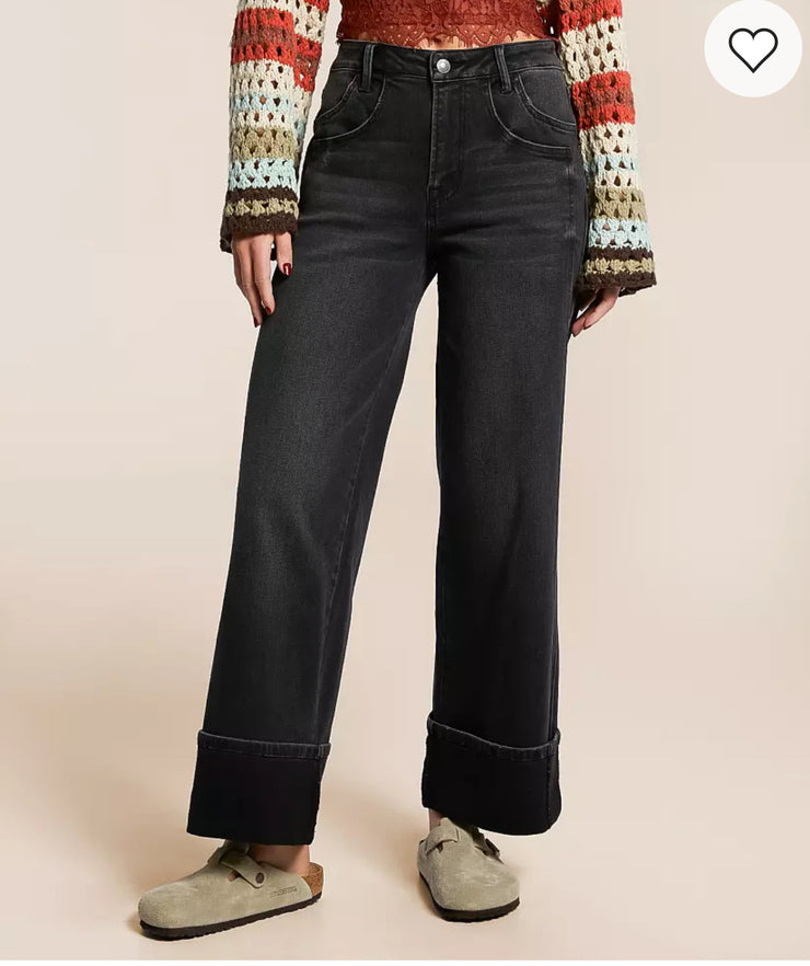 Black Wide Leg Cuffed Jeans