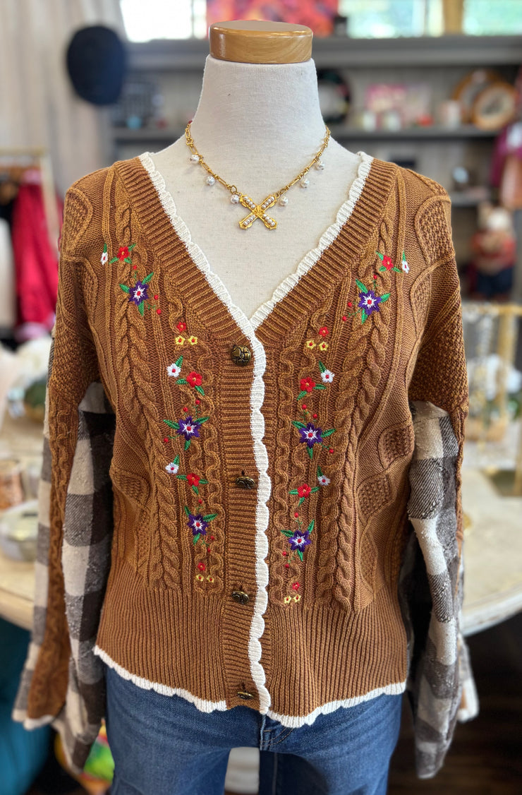 Brown Plaid Flower Sweater