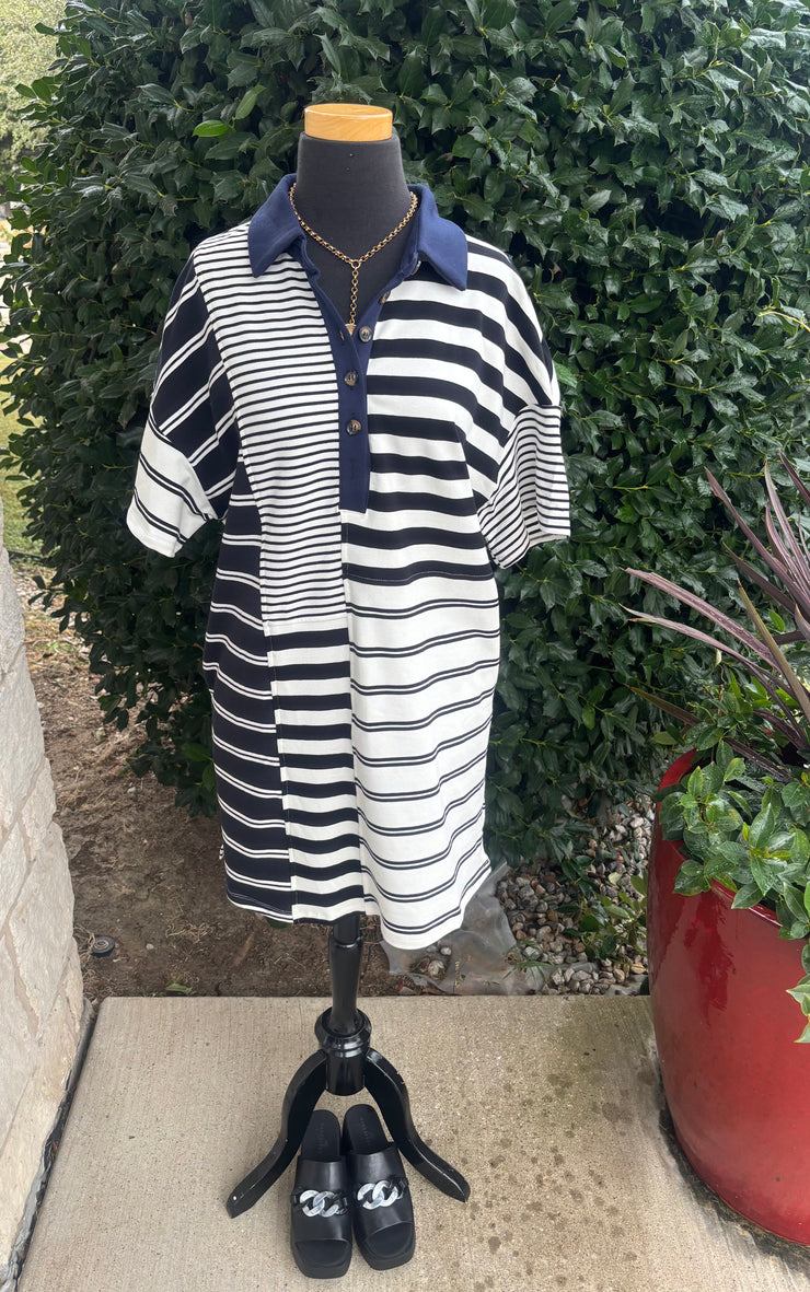 Black and White Striped Navy Collared Dress