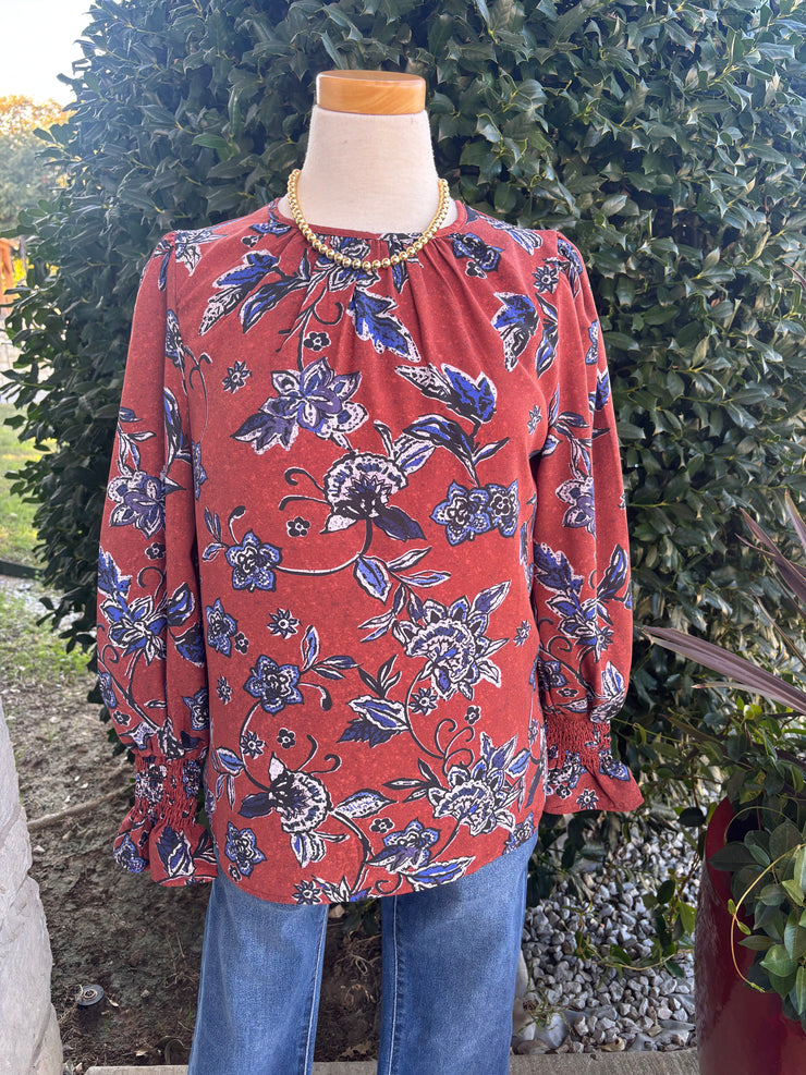 Brown and Blue Floral Blouse