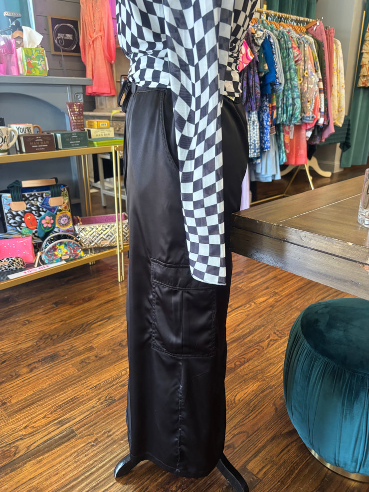 Black Satin Cargo Skirt