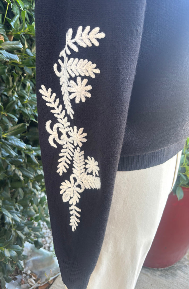 Black and White Floral Sleeve Sweater
