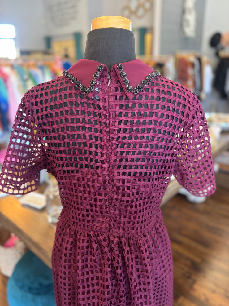 Wine Embellished Lattice Dress