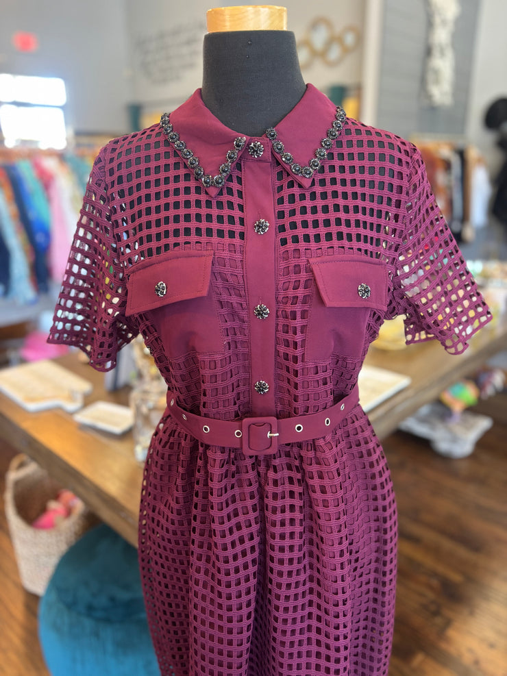 Wine Embellished Lattice Dress
