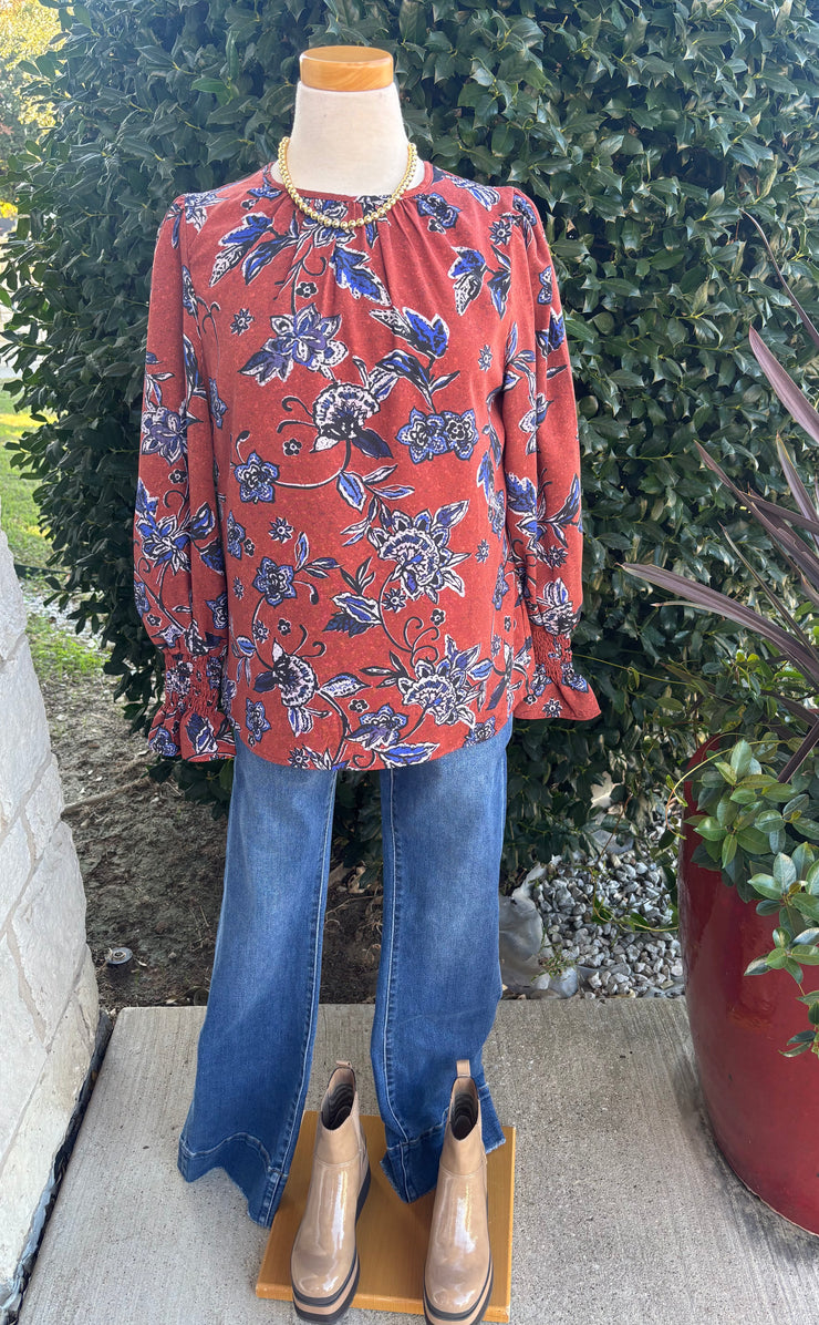 Brown and Blue Floral Blouse