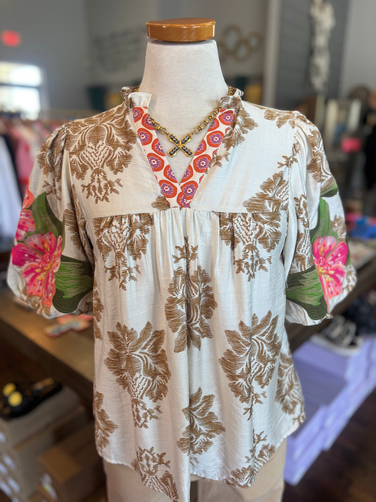 Damask Print Embroidered Puff Sleeve Top
