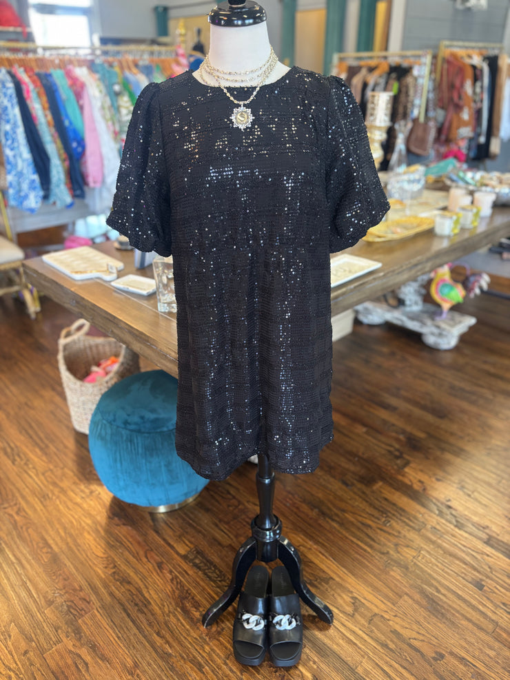 Black Bubble Sleeve Sparkle Dress