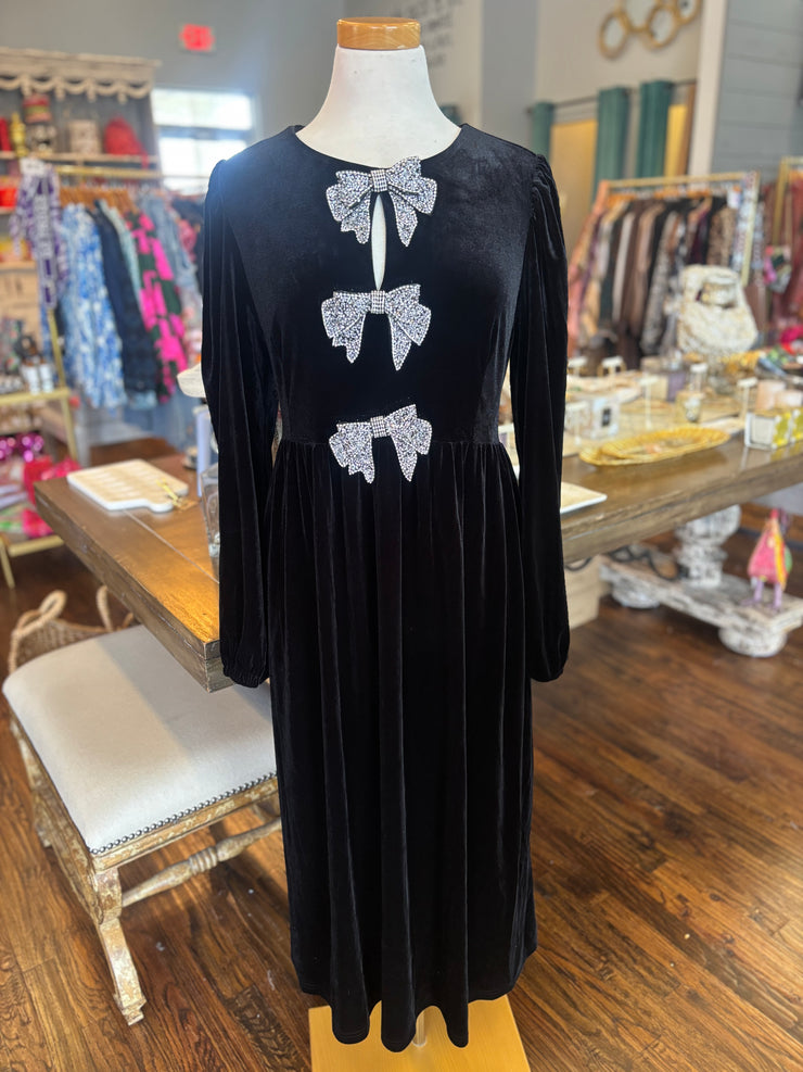 Black Velvet Crystal Bow Dress