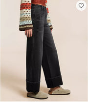 Black Wide Leg Cuffed Jeans