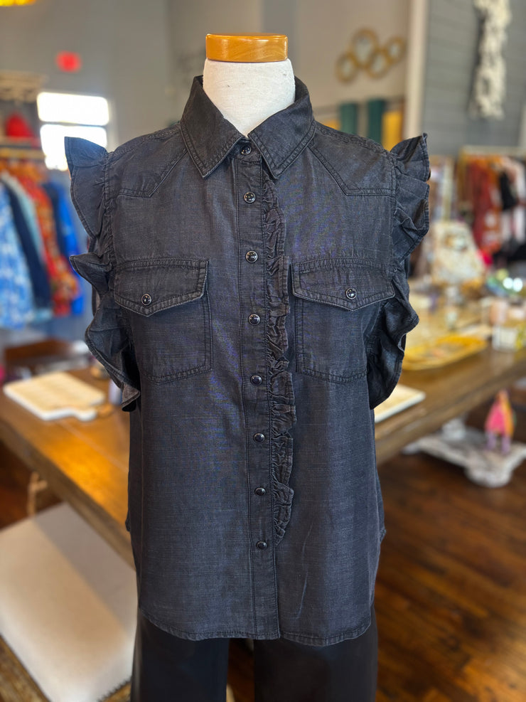 Indi Black Denim Ruffle Top