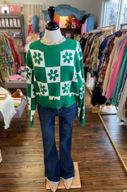 Checkered Daisy Cropped Sweater-Green and White