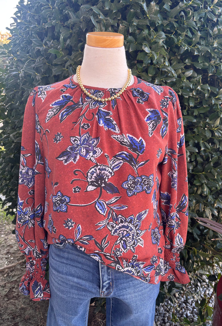 Brown and Blue Floral Blouse