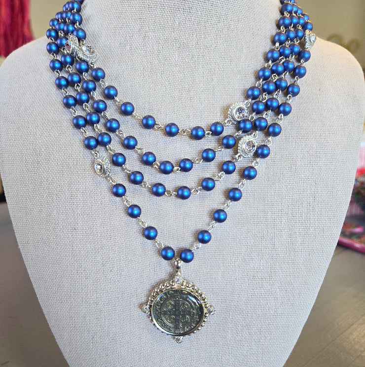 Blue and Silver Crystal Beaded Necklace