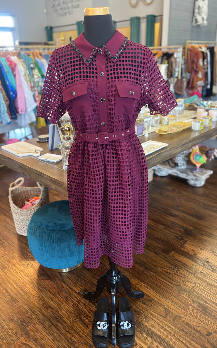 Wine Embellished Lattice Dress