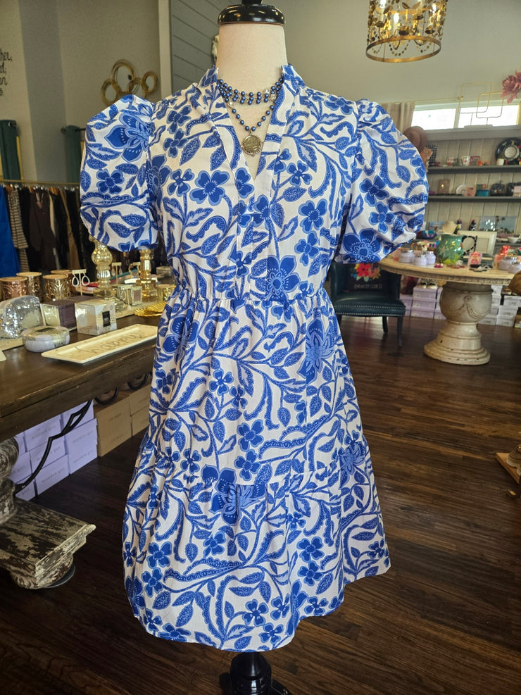 Blue/White Flower Print Puff Sleeve Dress