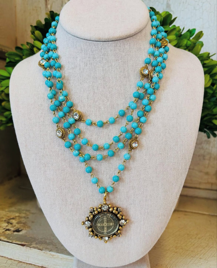 Turquoise and Gold Crystal Medallion Necklace