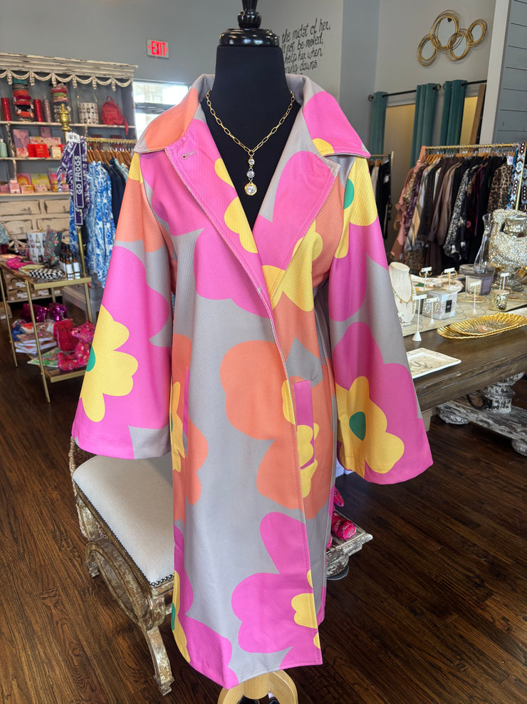 Bold Retro Floral Overcoat- Pink/Orange/Beige