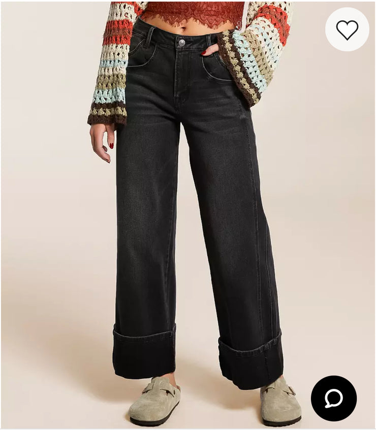 Black Wide Leg Cuffed Jeans