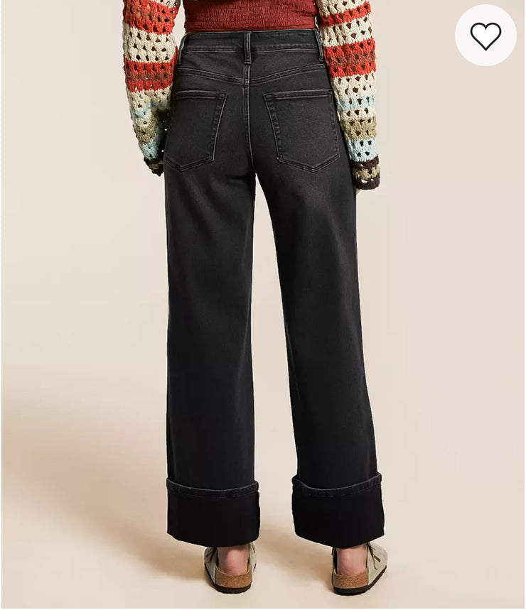 Black Wide Leg Cuffed Jeans