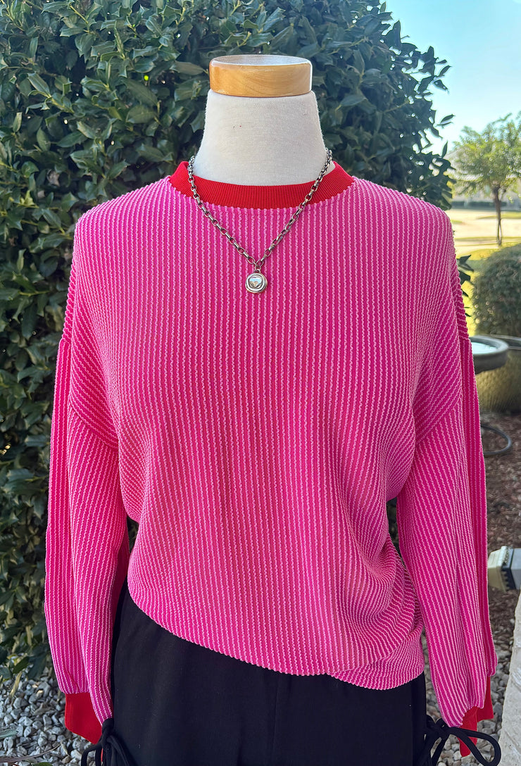 Pink and Red Ribbed Pullover