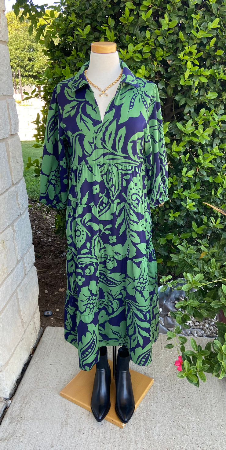 Navy and Green Floral Dress