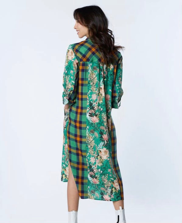 Green Floral Plaid Duster Dress