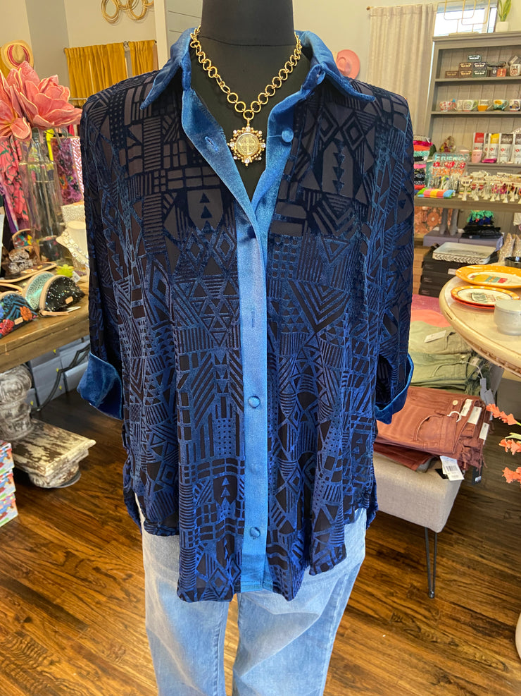 Navy Embossed Velvet Shirt