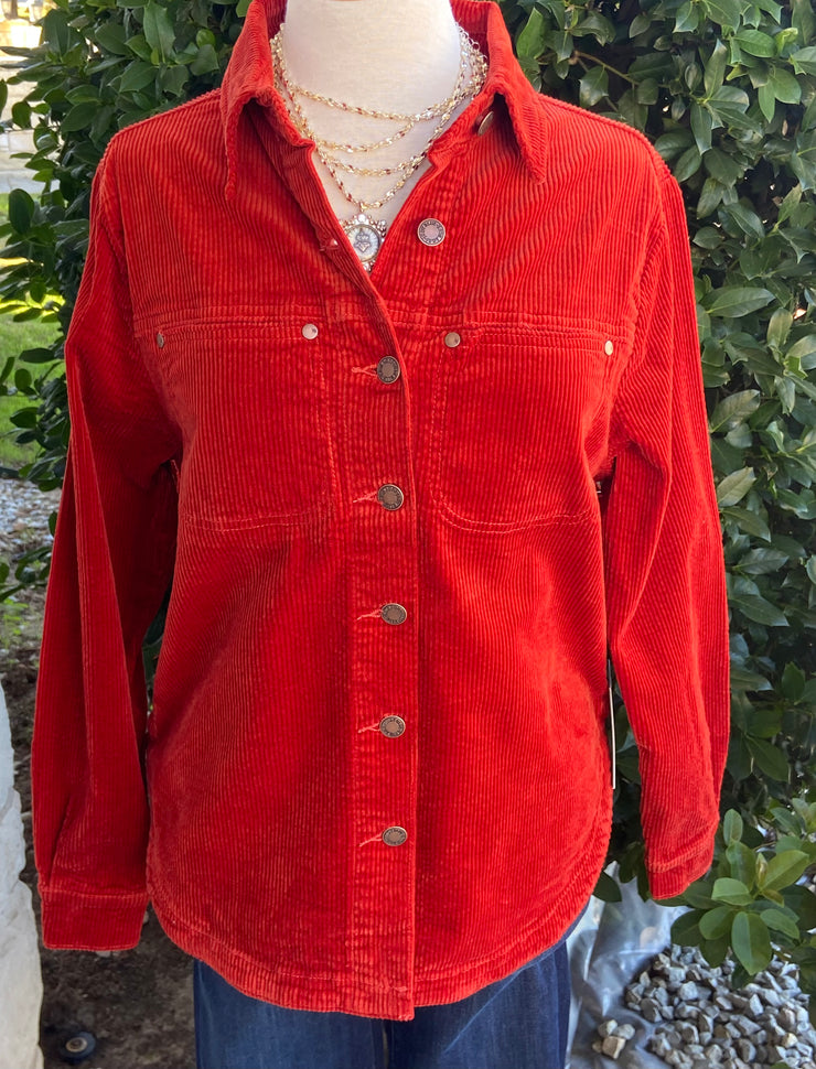 Rust Red Fringe Corduroy Shacket