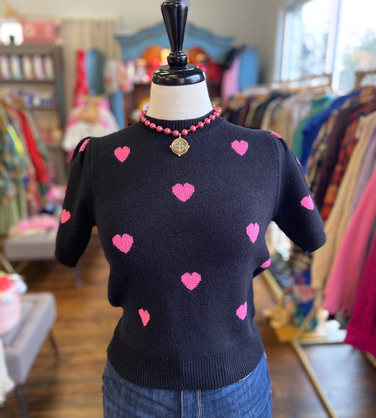 Black and Pink Heart Fitted Sweater