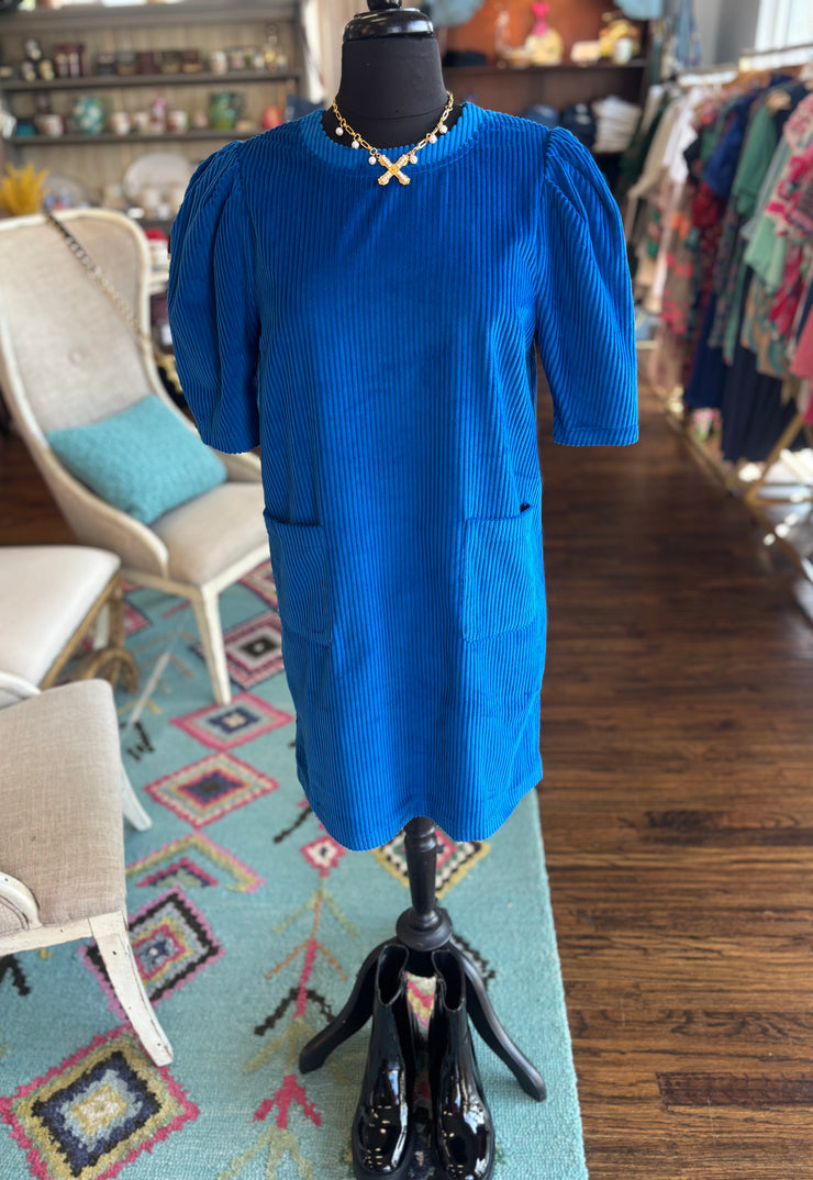 Royal Blue Pleated Corduroy Shift Dress