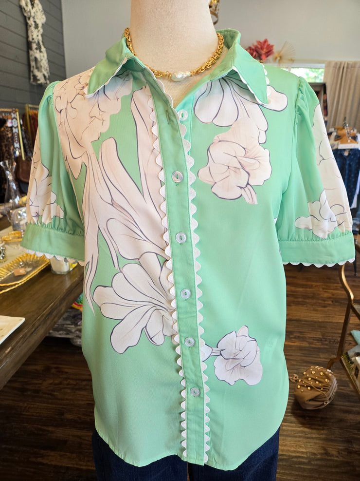 Green Fancy Love Floral Blouse