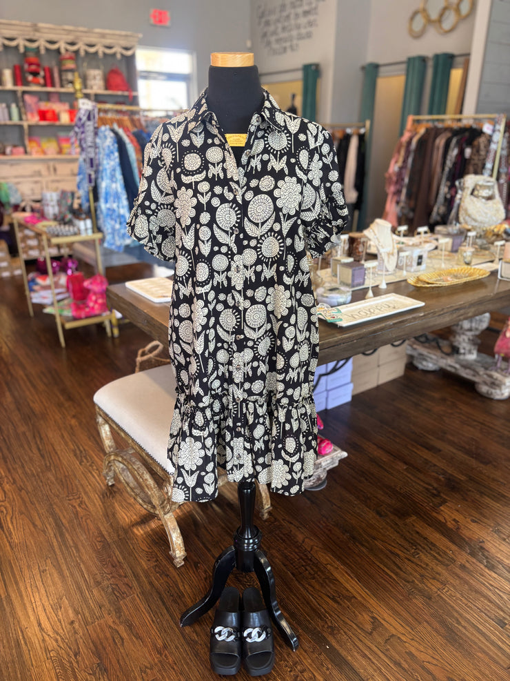 Black Floral Ruffled Shirt Dress