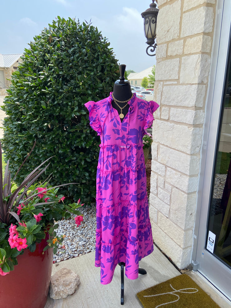 Magenta and Purple Floral Ruffle Maxi Dress