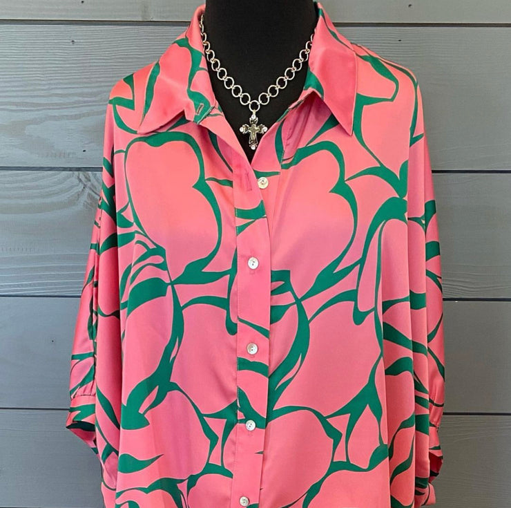 Pink and Green Button Down Blouse