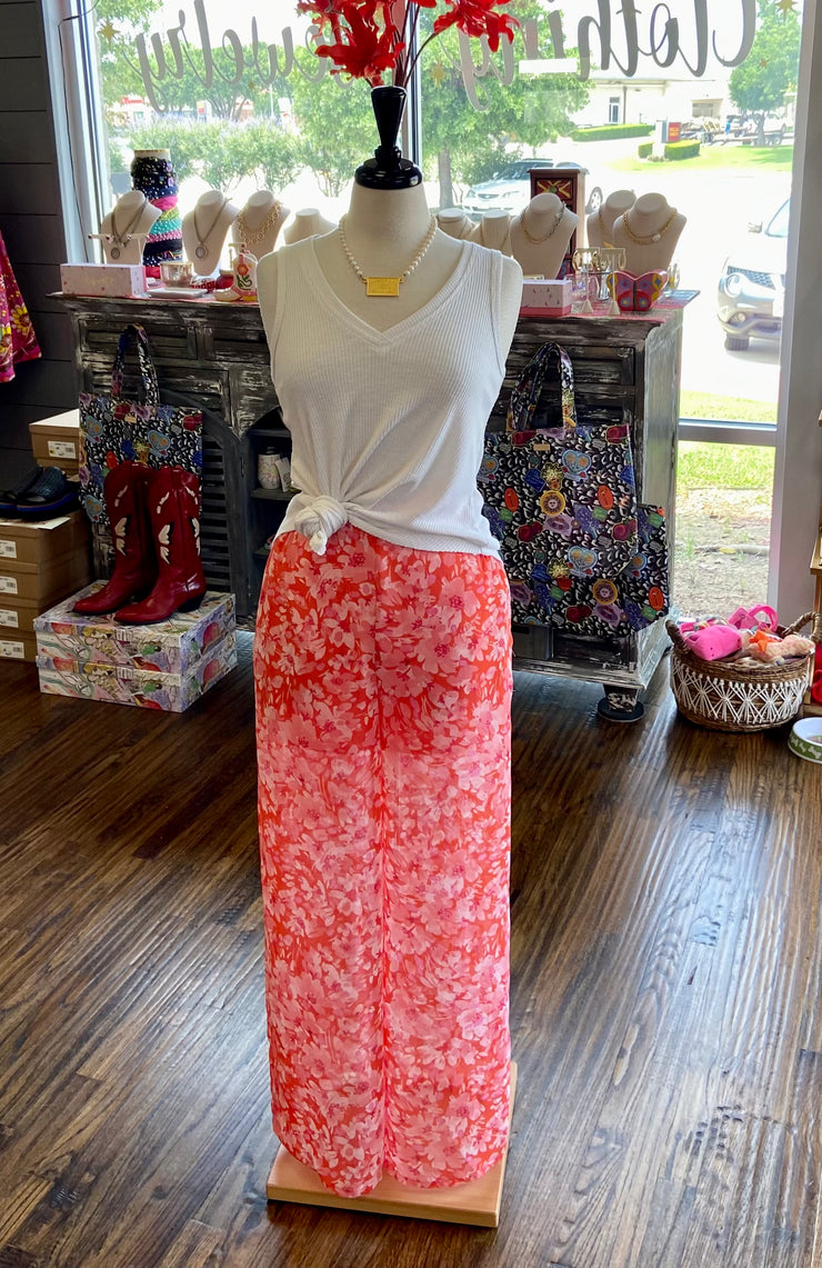 Coral Floral Sheer Pants