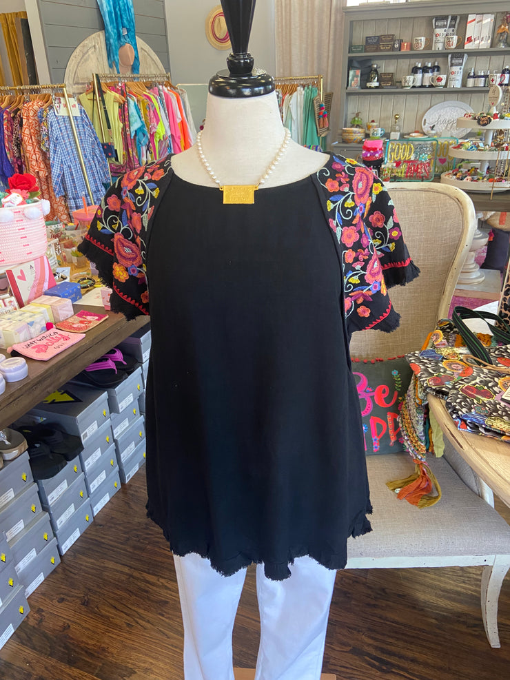 Black Embroidered Floral Top