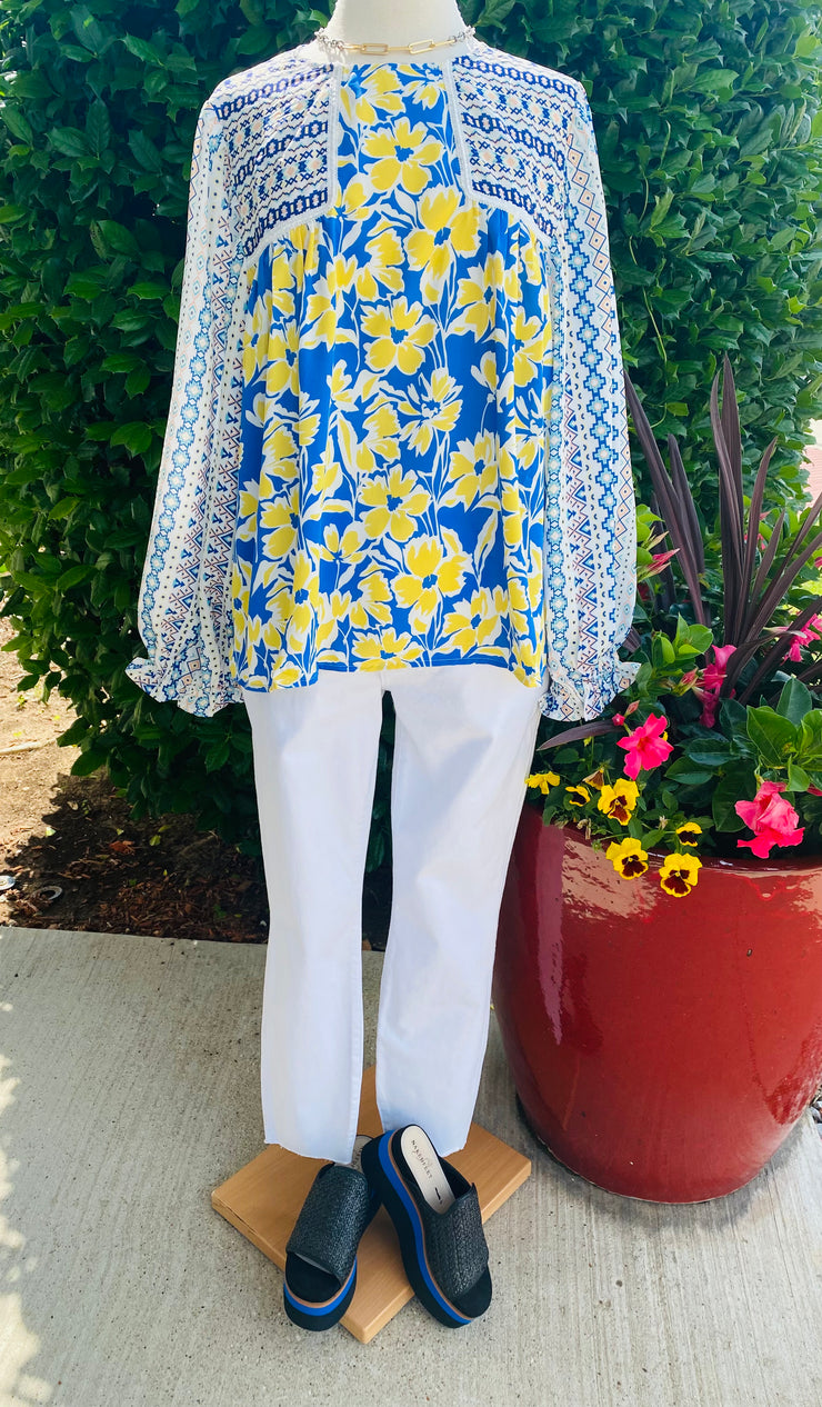 Yellow and Blue Floral Geo Top