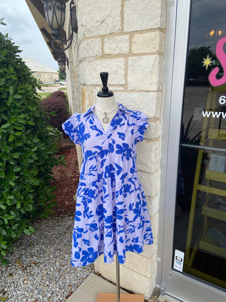 Blue Floral Ruffle Dress