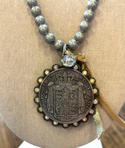 Silver Pearl Necklace with Medallion
