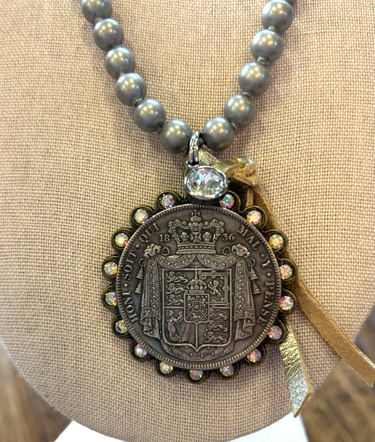 Silver Pearl Necklace with Medallion