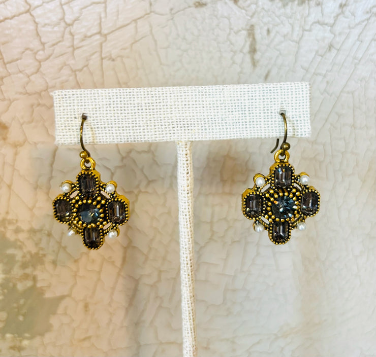 Antique Brass and Black Diamond Rhinestone Earrings