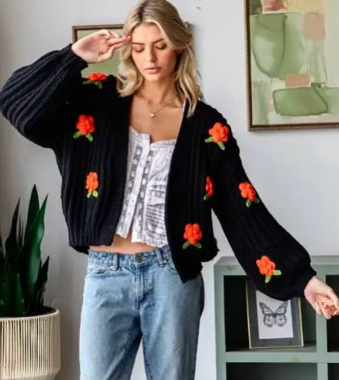 Black Pom Flower Cardigan