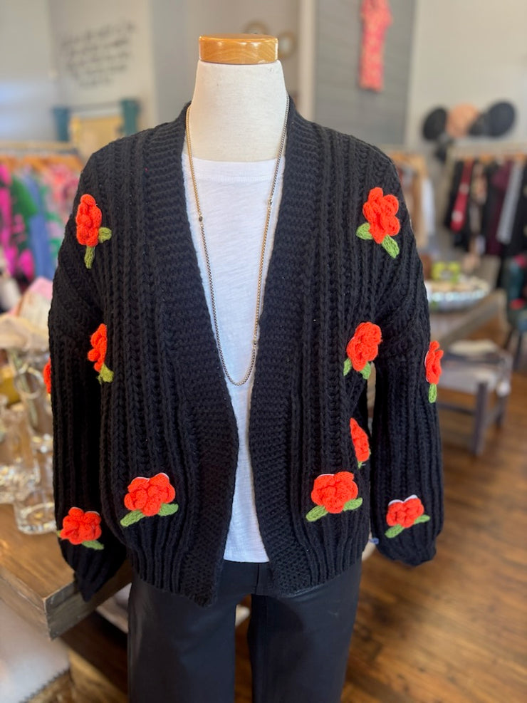 Black Pom Flower Cardigan