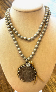 Silver Pearl Necklace with Medallion