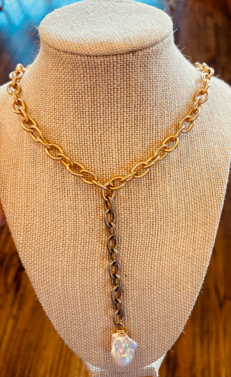 Two-Tone Link Necklace with Pearl Drop
