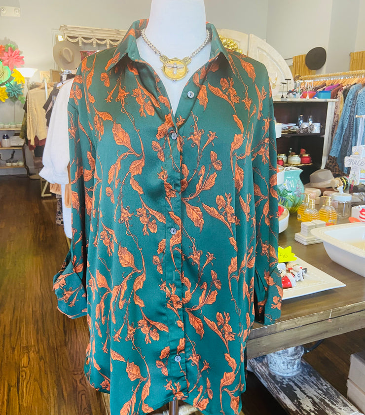 Dark Green and Orange Silky Blouse