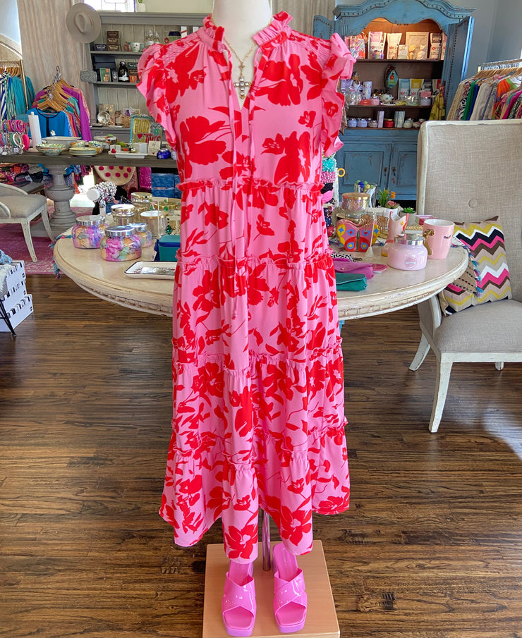 Pink and Red Floral Ruffle Maxi Dress