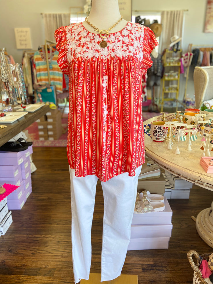 Red Striped Top w Embroidery