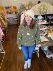 Olive Sweater with White Dots