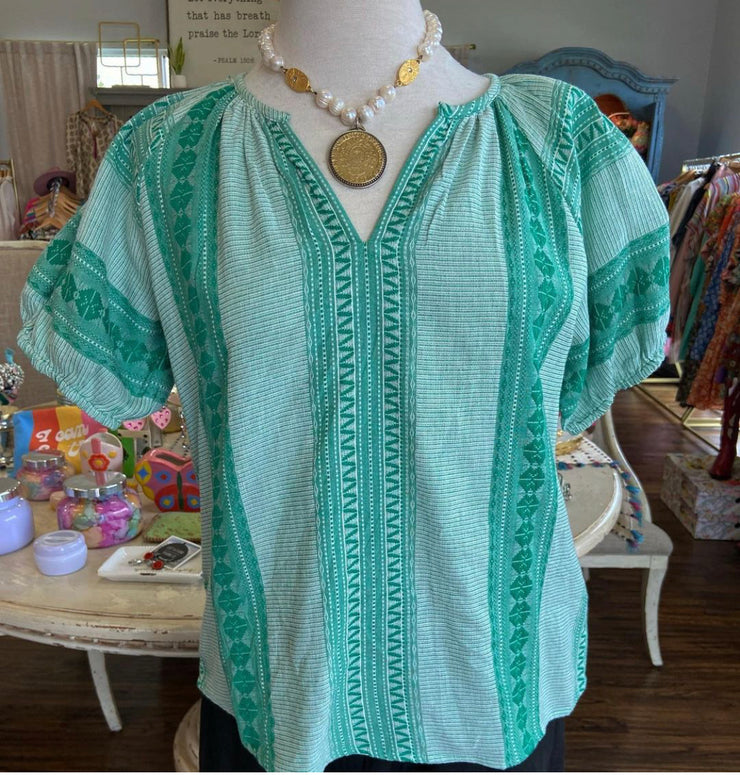 Green Jaquard Peasant Top